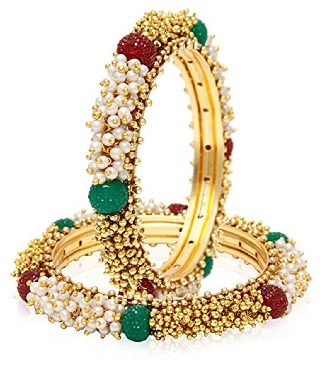 

The Jewelbox Cluster Pearls Red Green Antique 22K Gold Plated Bangle Set of 2 (Pair)
