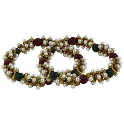 

The Jewelbox Antique Pearl Red Black Gold Plated Stretchable Pair Of Anklet