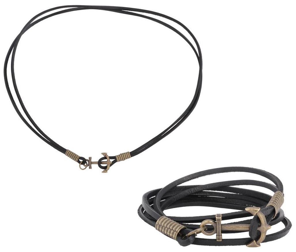 

ZIVOM Anchor Genuine Black Brown Leather Dual Strand Free size Wrist Band Bracelet cum Necklace for Men