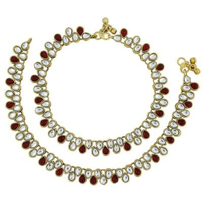 

The Jewelbox Antique Traditional Kundan Ruby Look Payal Anklet Pair 30Cm