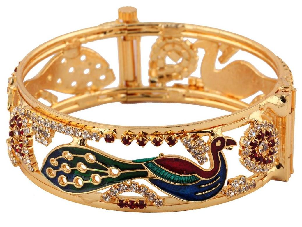 

The jewelbox 22K gold plated peacock red maroon american diamond bangle kada