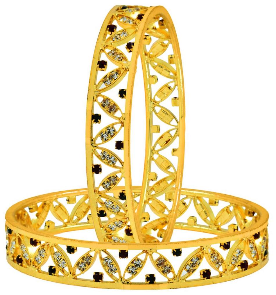 

The Jewelbox Floral Leaf Maroon American Diamond CZ 22K Gold Plated Bangle Pair