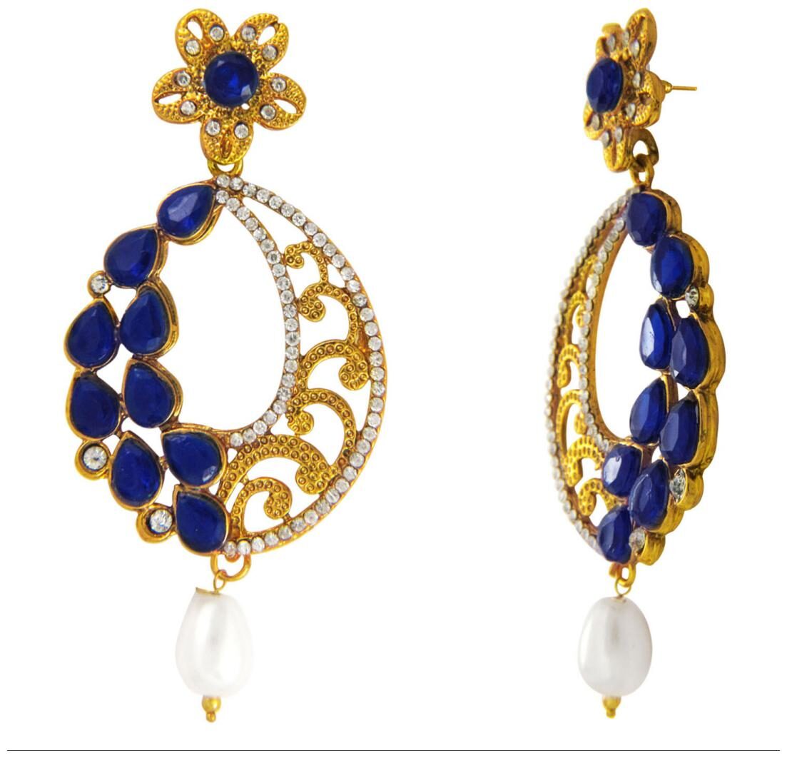 

Traditional Ethnic Blue Oval Floral Gold Plated Dangler Earrings with Crystals for Women by Donna ER30109G