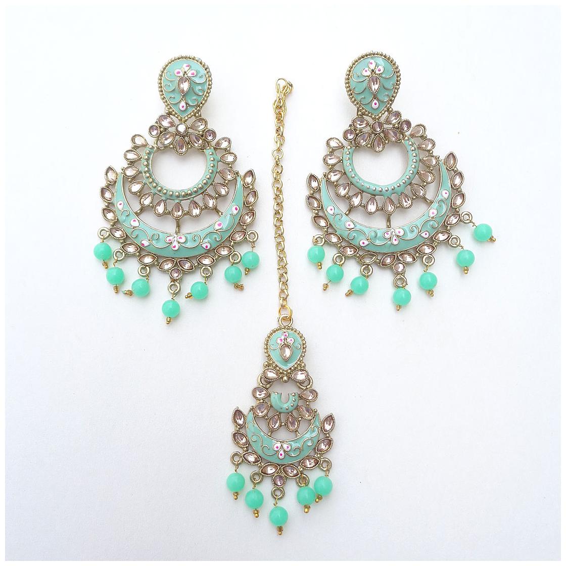 

Trendeela com Archa Collection Meenakari Earrings Maang Tikka Combo Set For Women ( Light Green Gold )