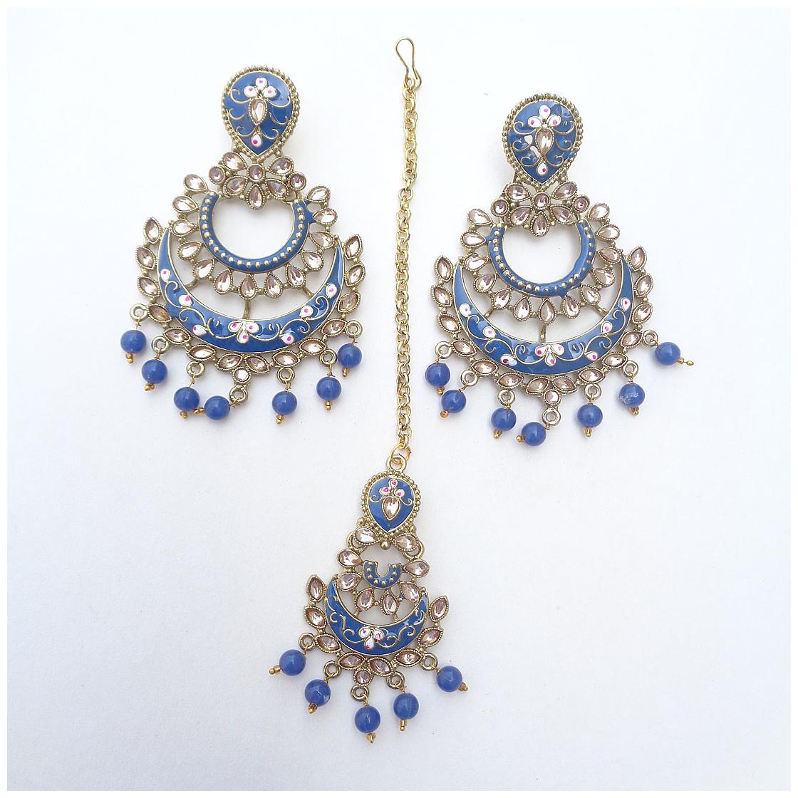 

Trendeela com Archa Collection Meenakari Earrings Maang Tikka Combo Set For Women ( Blue Gold )