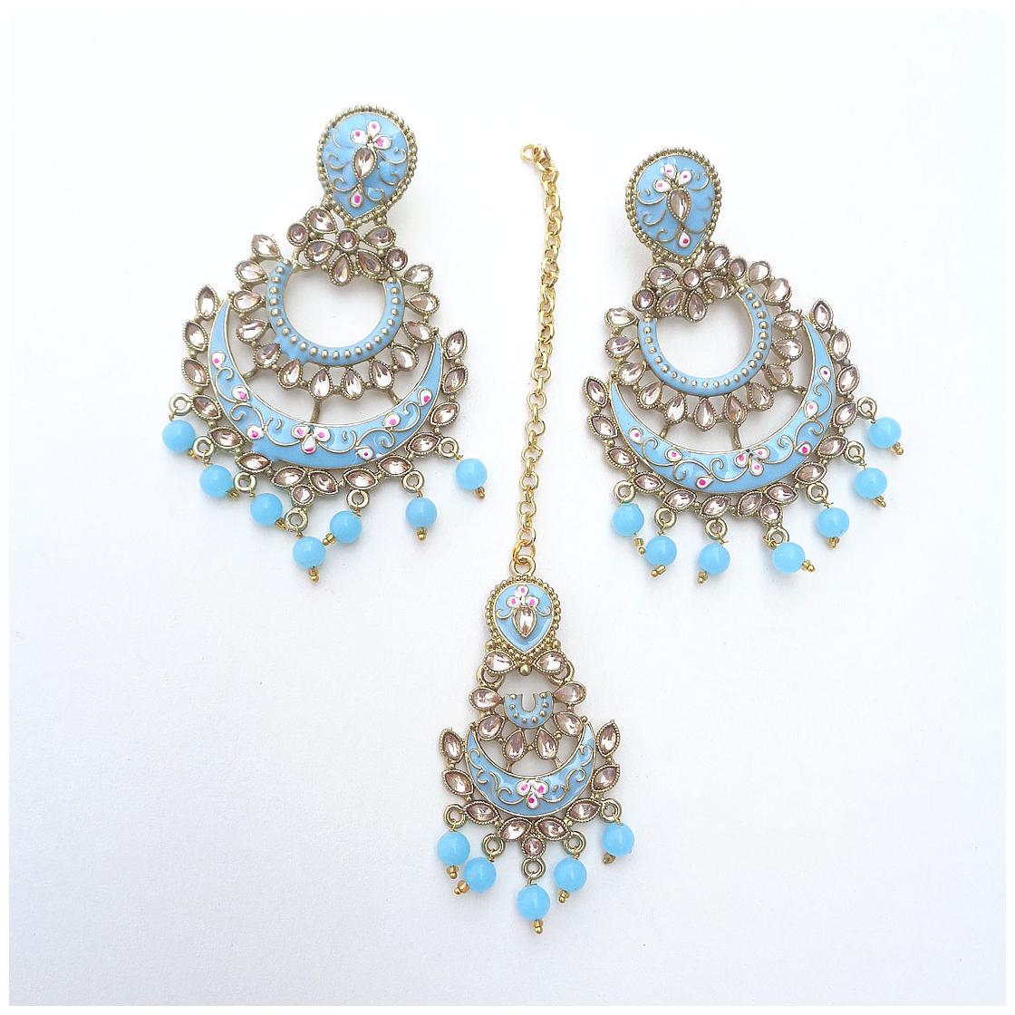 

Trendeela com Archa Collection Meenakari Earrings Maang Tikka Combo Set For Women ( Light Blue Gold )