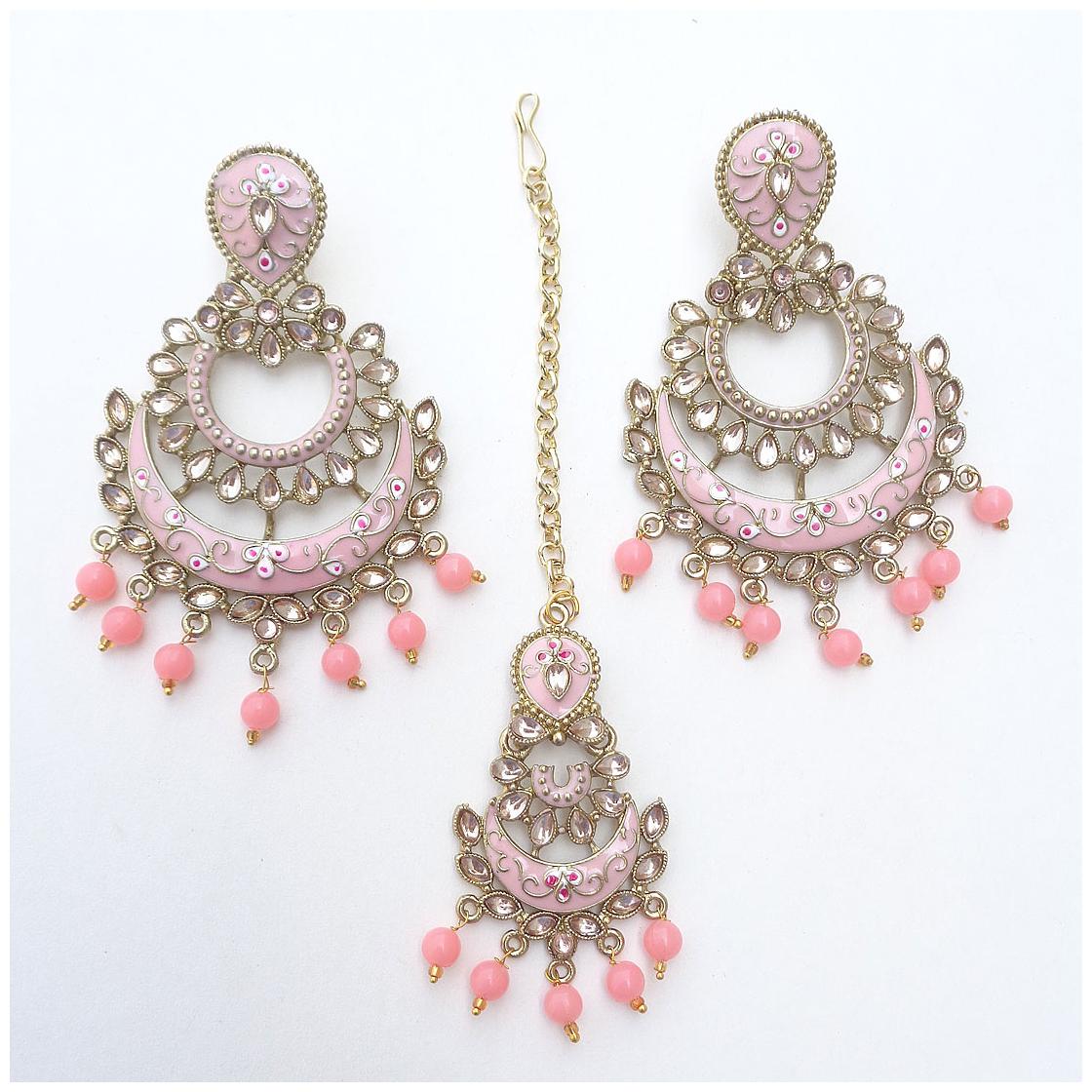 

Trendeela com Archa Collection Meenakari Earrings Maang Tikka Combo Set For Women ( Peach Gold )