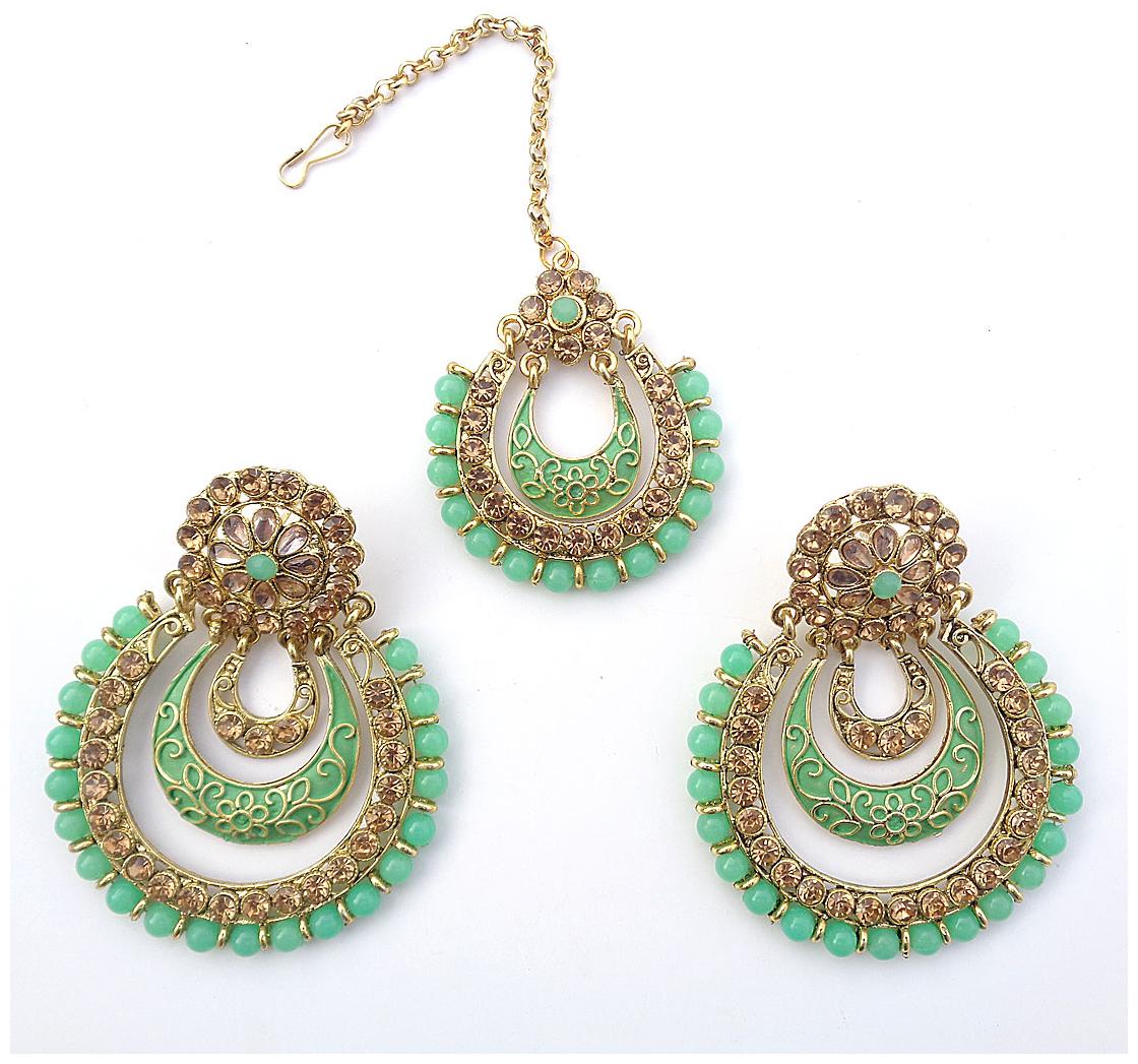 

Trendeela Com Archa Collection Dazzling Gems Embellished Maang Tikka Set For Women ( Green Gold )