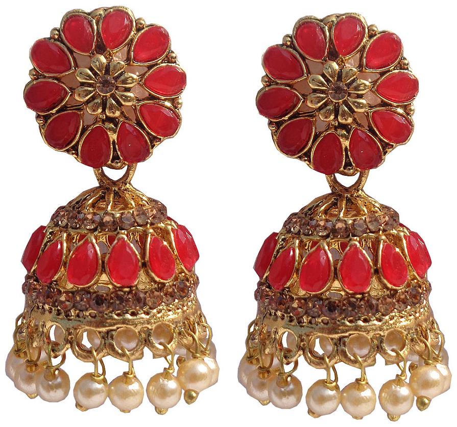 

Trendeela Com Arwa Red Gems Embellished Floral Jhumka Earrings