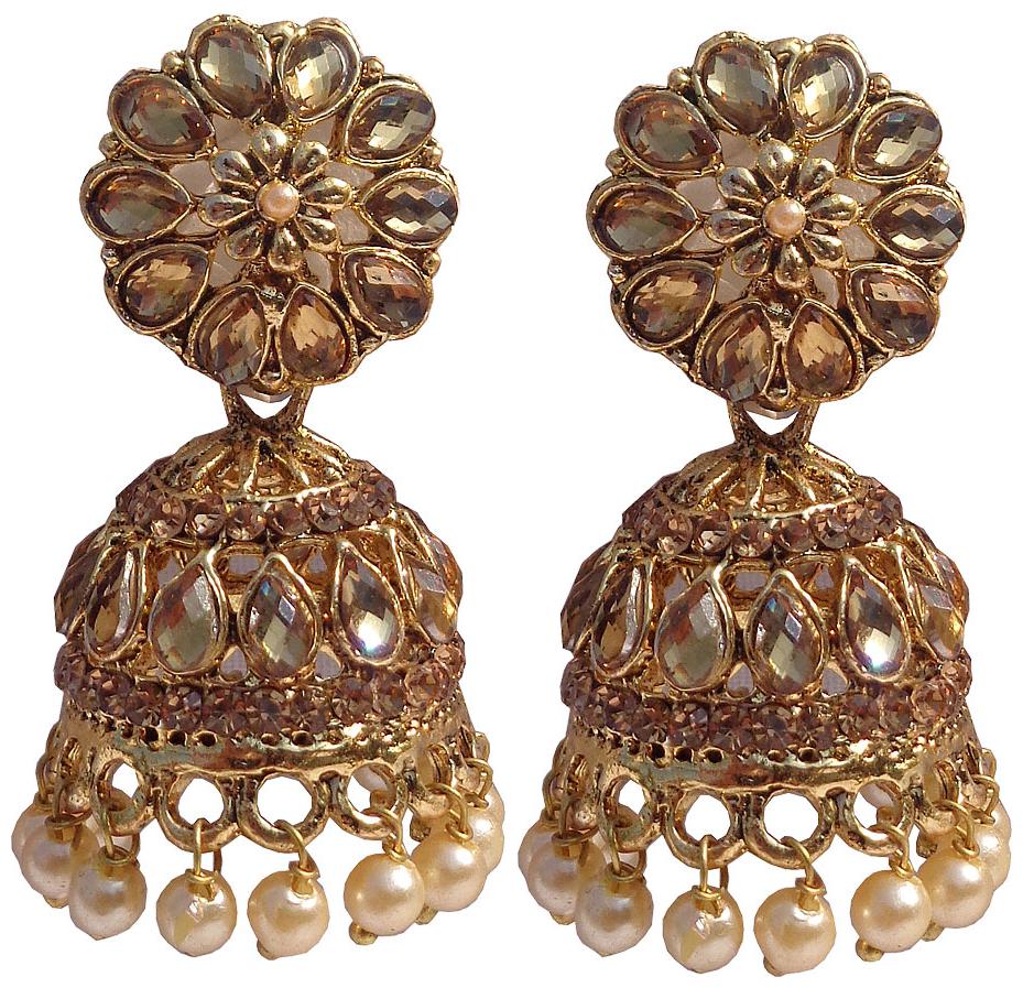 

Trendeela Com Arwa Golden Gems Embellished Floral Jhumka Earrings