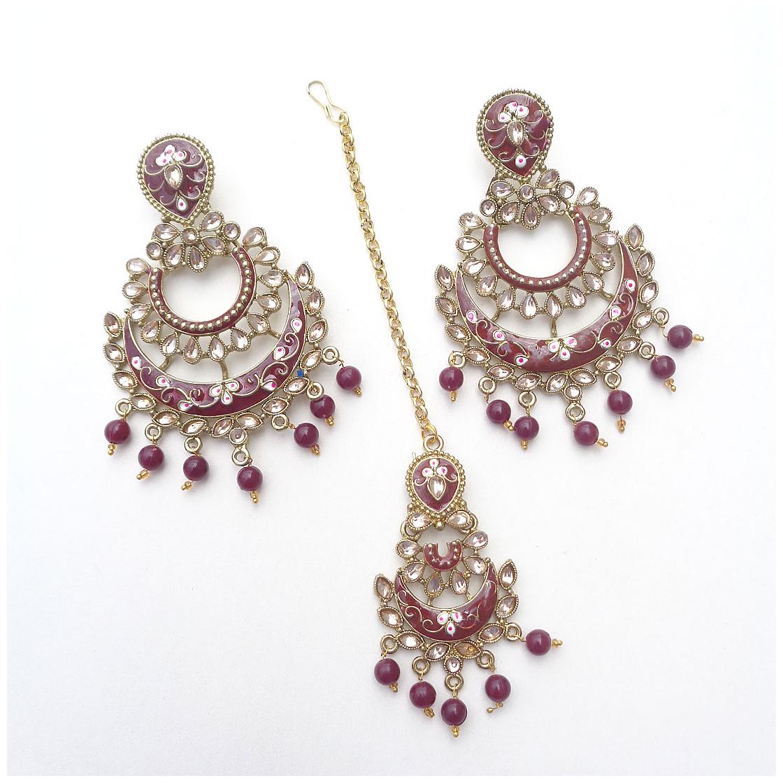 

Trendeela com Archa Collection Meenakari Earrings Maang Tikka Combo Set For Women ( Maroon Gold )