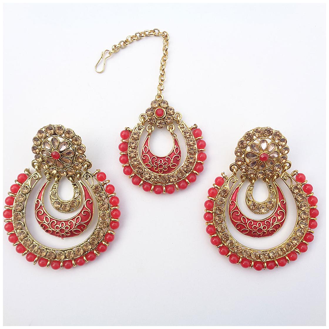 

Trendeela Com Archa Collection Dazzling Gems Embellished Maang Tikka Set For Women ( Red Gold )
