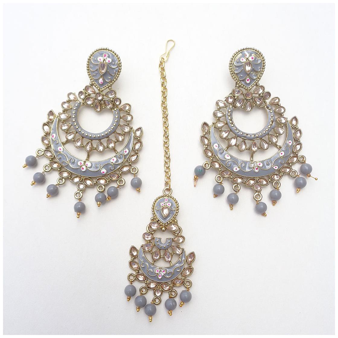 

Trendeela com Archa Collection Meenakari Earrings Maang Tikka Combo Set For Women ( Grey Gold )