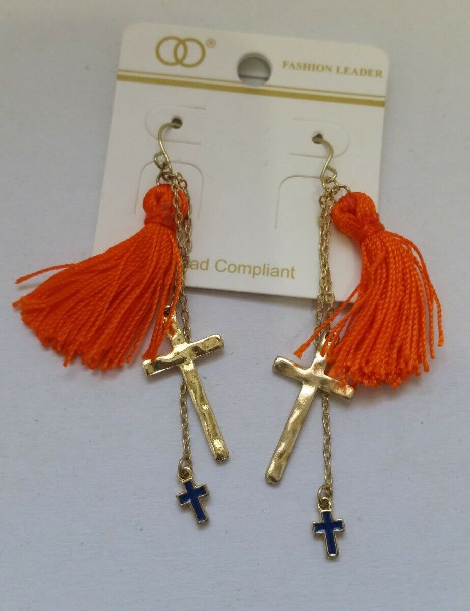 

Trendy Boho Fringe Style Earrings ORANGE Silk Tassel Gold metal Cross Z1A-1 22