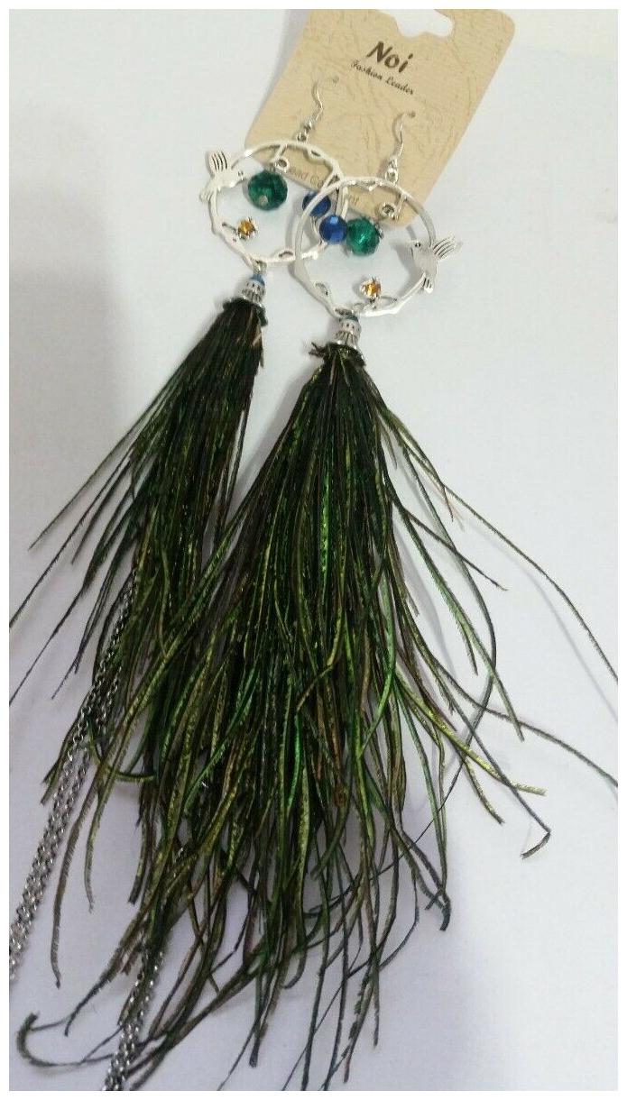 

Trendy Feather Chain Silvertone Hummingbird beads Long Drop Earrings Z05-14 22