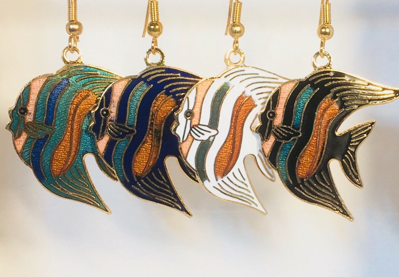 

Tropical Fish Dangle Earrings Stefano Vintage new Cloisonne Gold Plate RARE
