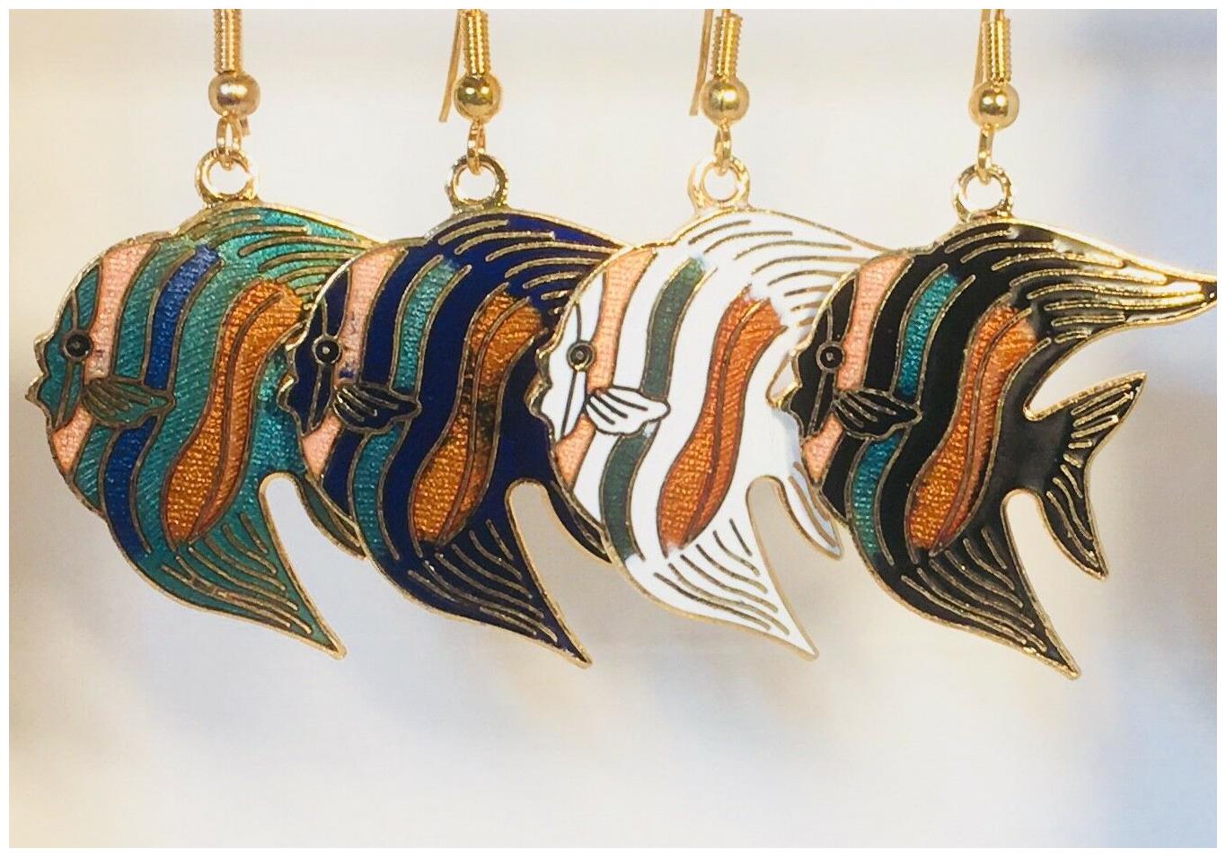 

Tropical Fish Dangle Earrings Stefano Vintage new Cloisonne Gold Plate RARE