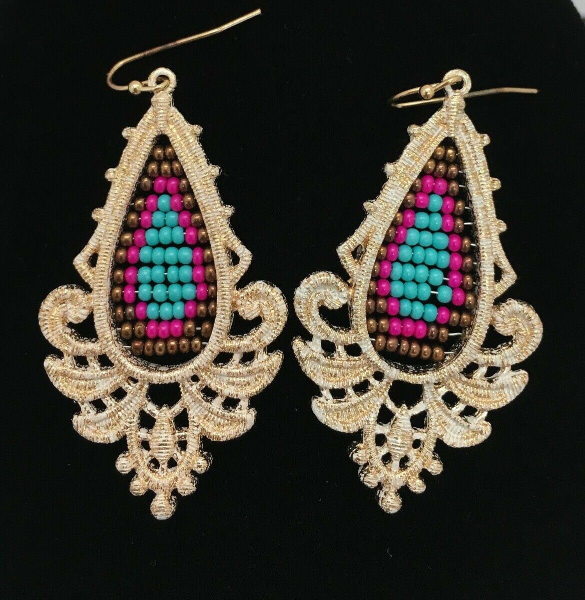 

Turquoise Earrings Gold Seed Bead Dangle Filigree Gold Tone Earrings J1-13 2