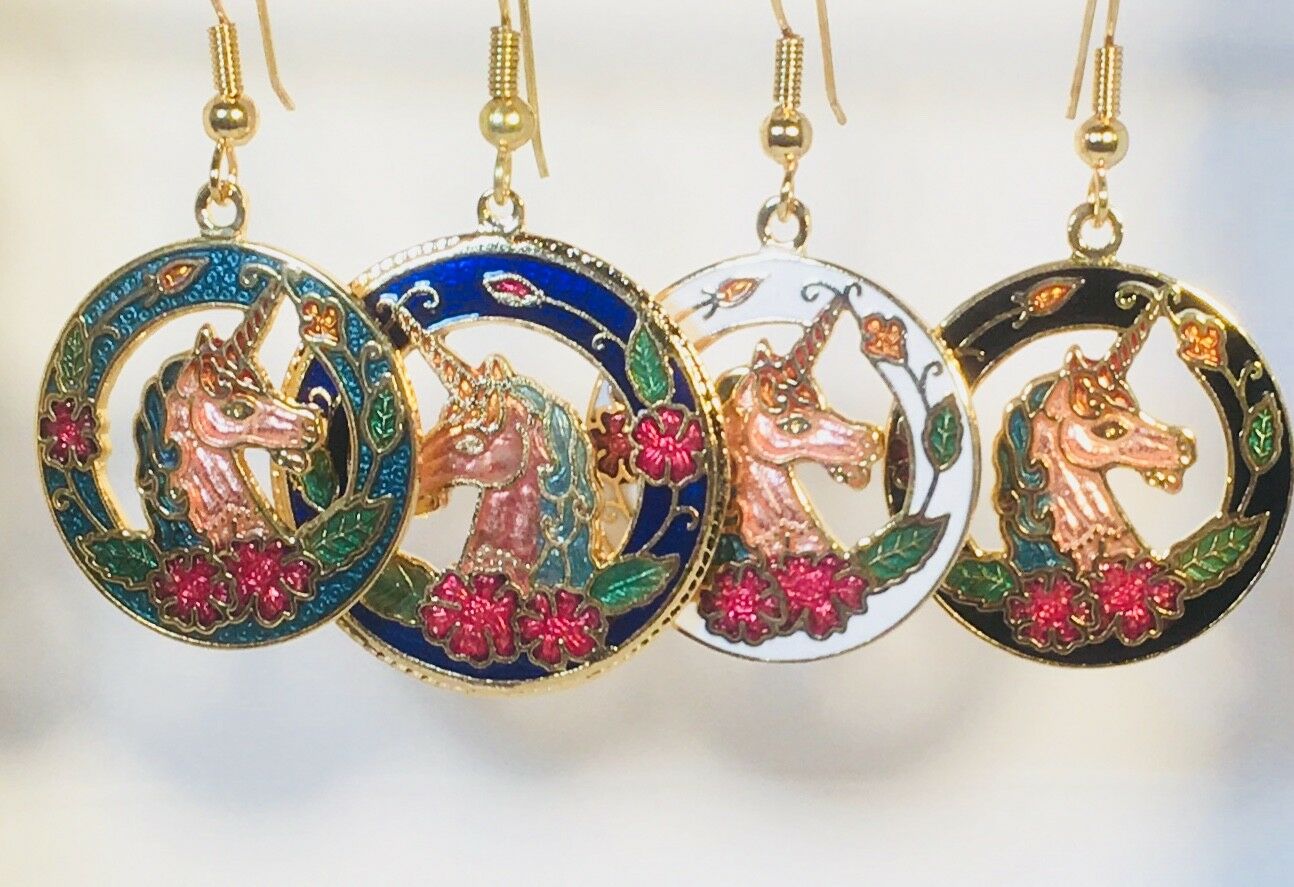 

UNICORN DANGLE EARRINGS Stefano Vintage new Cloisonne Gold Plate Factory Prices