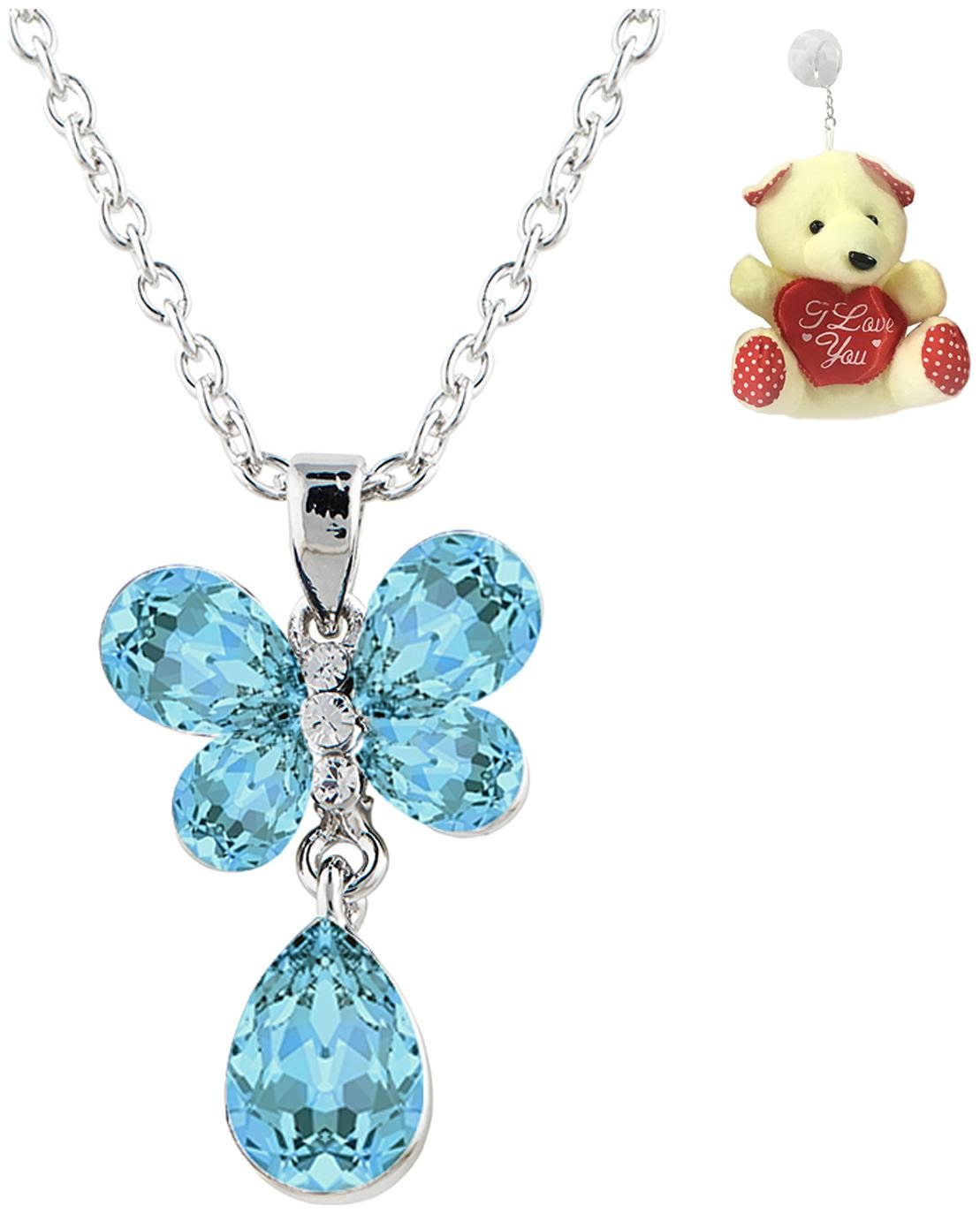 

Valentine Gift Blue Crystal Butterfly Pendant for Women with Free Teddy by Mahi PS1101657RABluTed