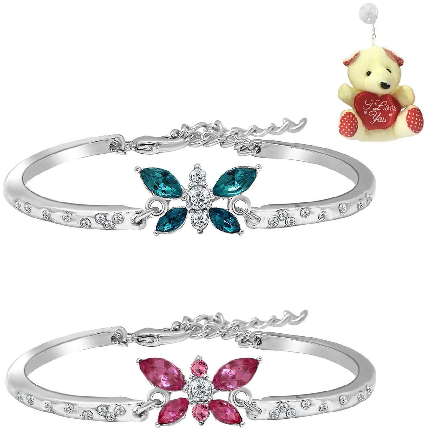 

Valentine Gift Combo of Pink and Blue Crystals Butterfly Bracelet for Women With Free Teddy by Mahi CO1104897RTed