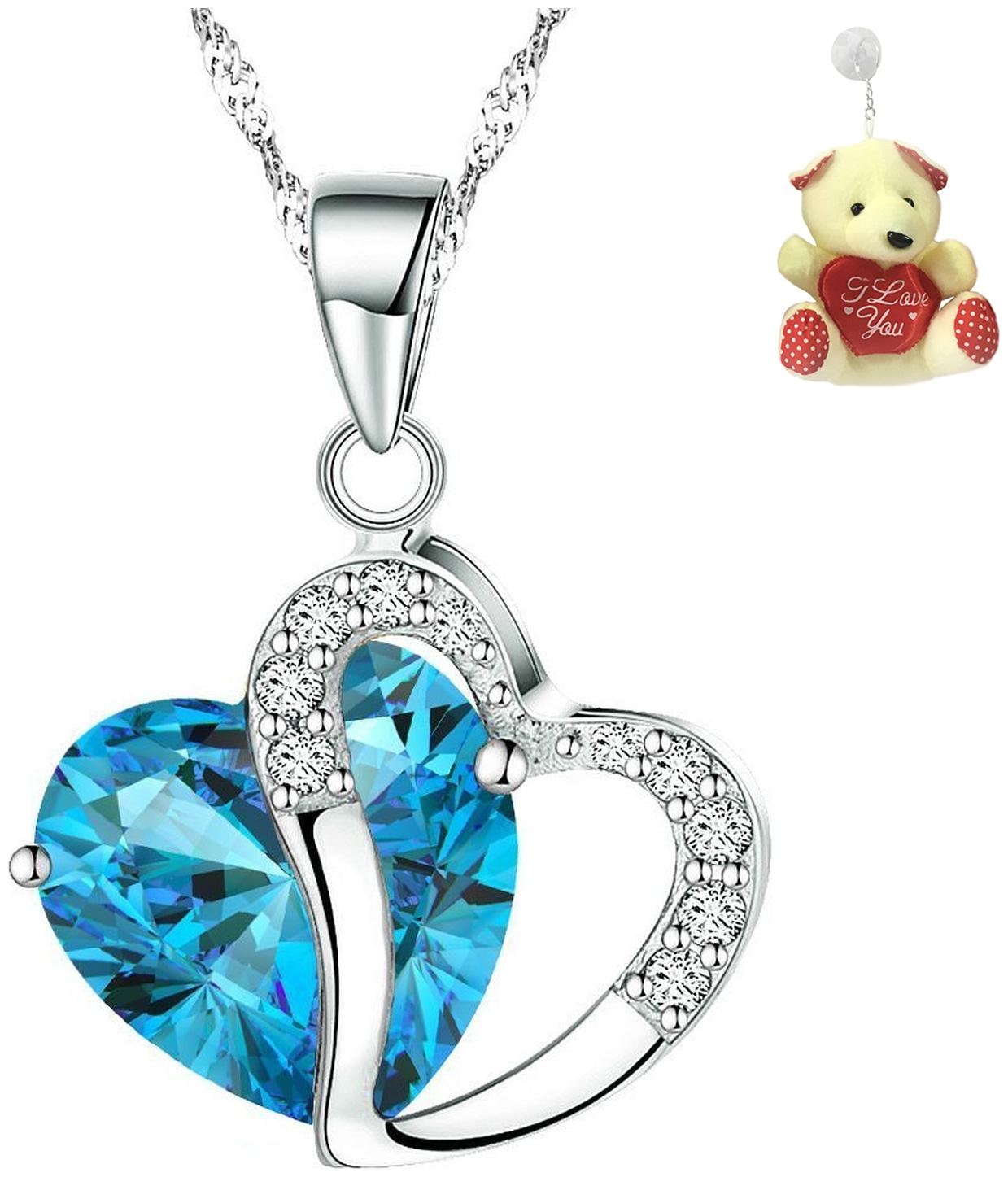 

Valentine Gift Blue Heart Crystal Pendant for Women with Free Teddy by Mahi PS1101655RABluTed