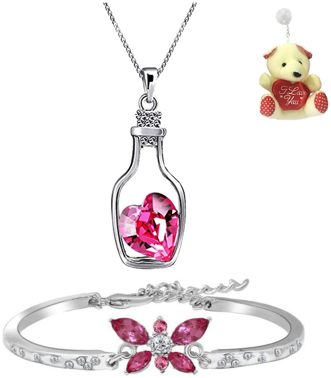 

Valentine Gift Combo of Pink Heart Crystals Pendant and Butterfly Bracelet for Women With Free Teddy by Mahi CO2104837RTed