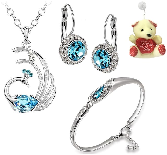 Om Jewells Blue Combo of Necklace Set and Bangle Bracelet with Free Teddy for Girls and Women by Om Jewells CO1000072Ted
