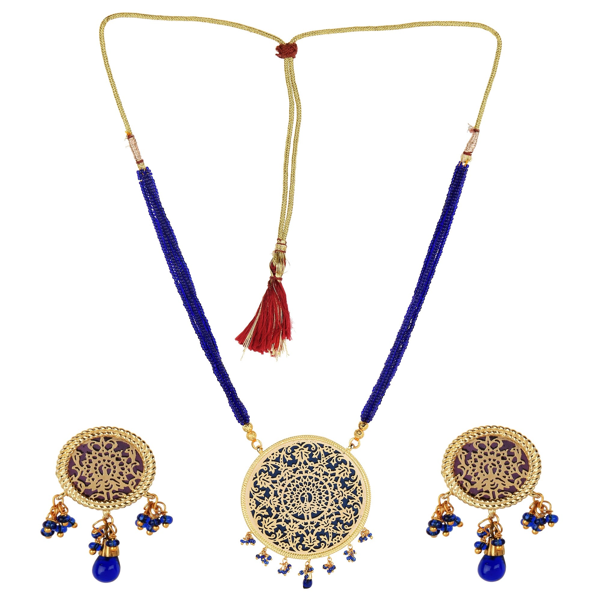 

Vannyaa Creationss Carving Thewa Design Gold Plated Navy Blue Necklace Set For Women