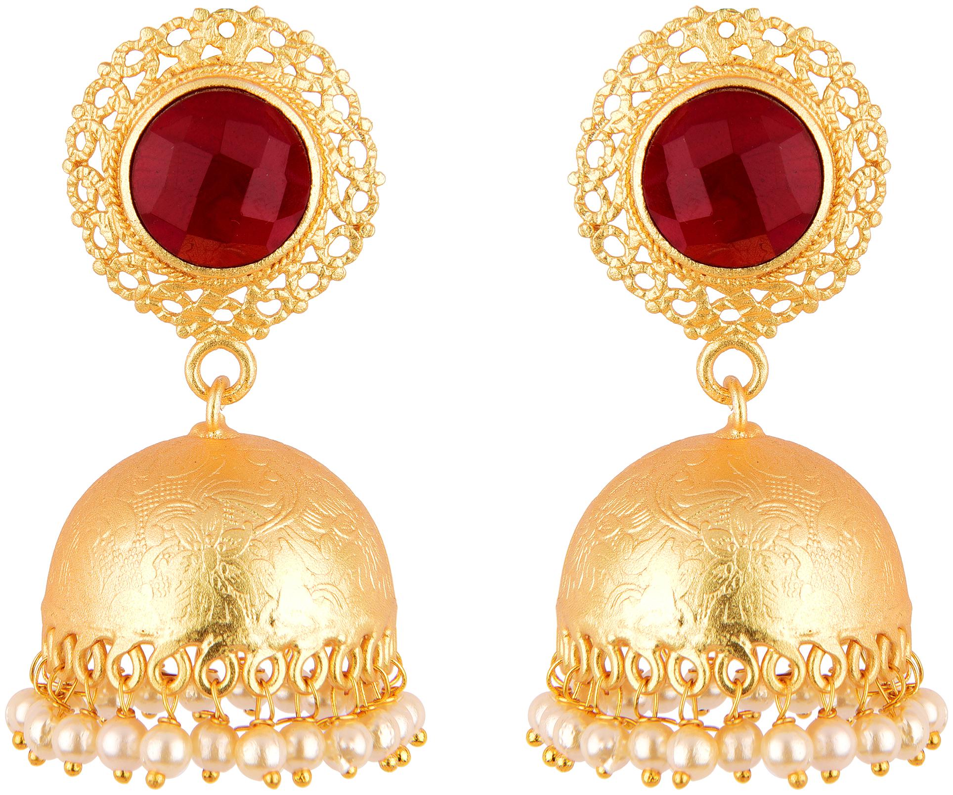 

Vannyaa Creationss Matte Gold Stone Collection Maroon Jhumki Earring For Women