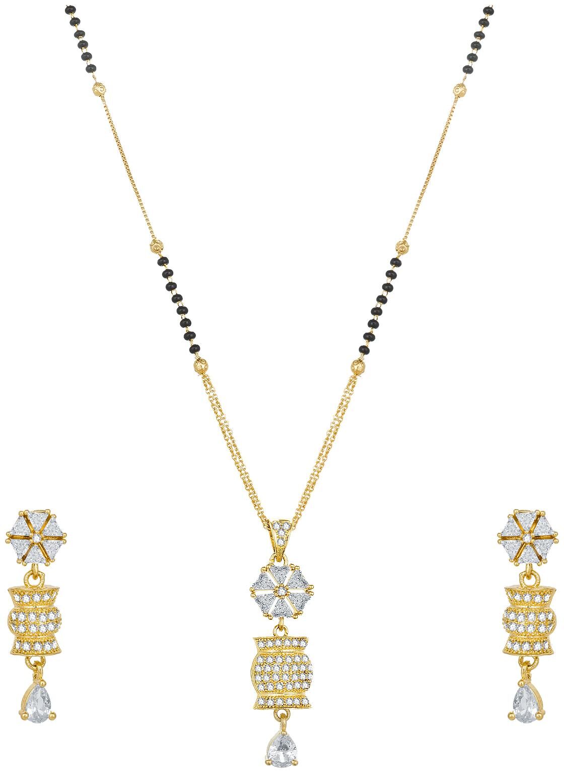 

Vermont Ethnic Black Bead American Diamond Mangalsutra with Earrings