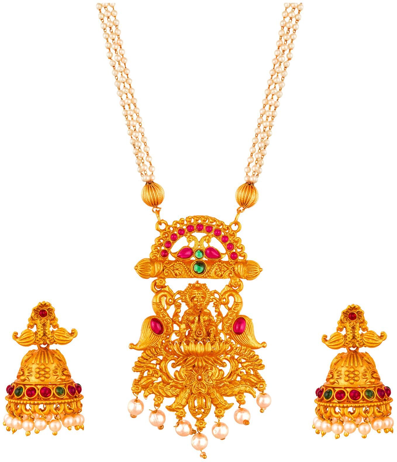 

Vermont Ethnic Gold Plated And American Diamond Pearl Heavy Work Temple Set For Women Girls (Golden)