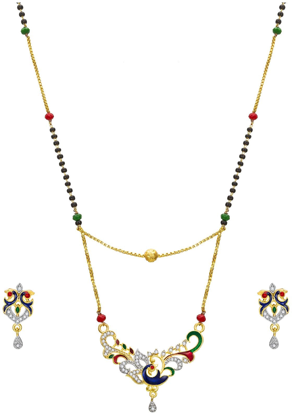 

Vermont Ethnic Gold Plated American Diamond Trendy Meenakari Peacock Design Mangalsutra Set for Women