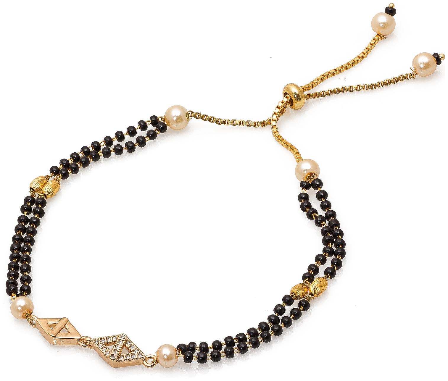

Vermont Gold Plated Black Beads American Diamond Charm Hand Mangalsutra Bracelet for Girls Women