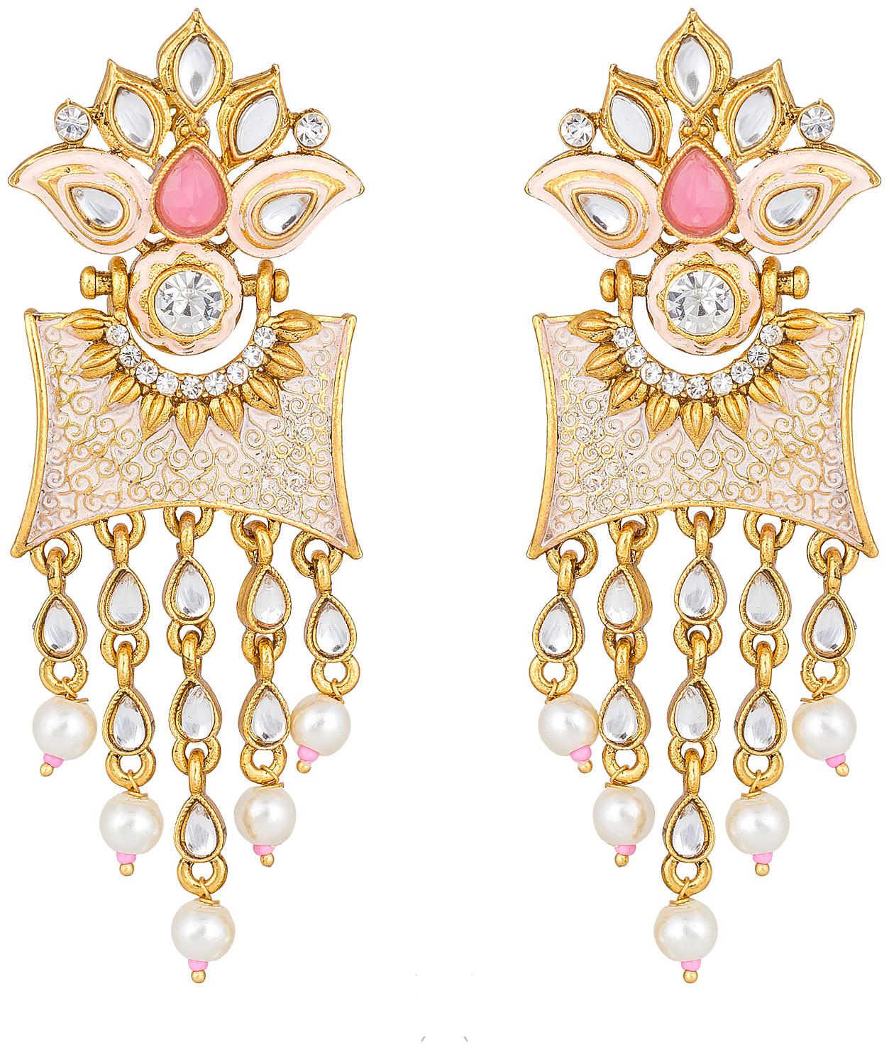 

Vermont Gold Plated Meenakari Kundan Pearls Jhumkhi Dangler Earrings for Women