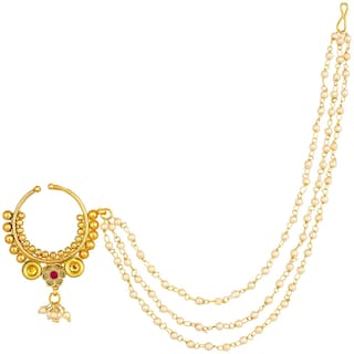 Vermont Gold Plated Bridal Jewellery Ethnic Nose Ring Nathiya with Long Chain Women and Girls