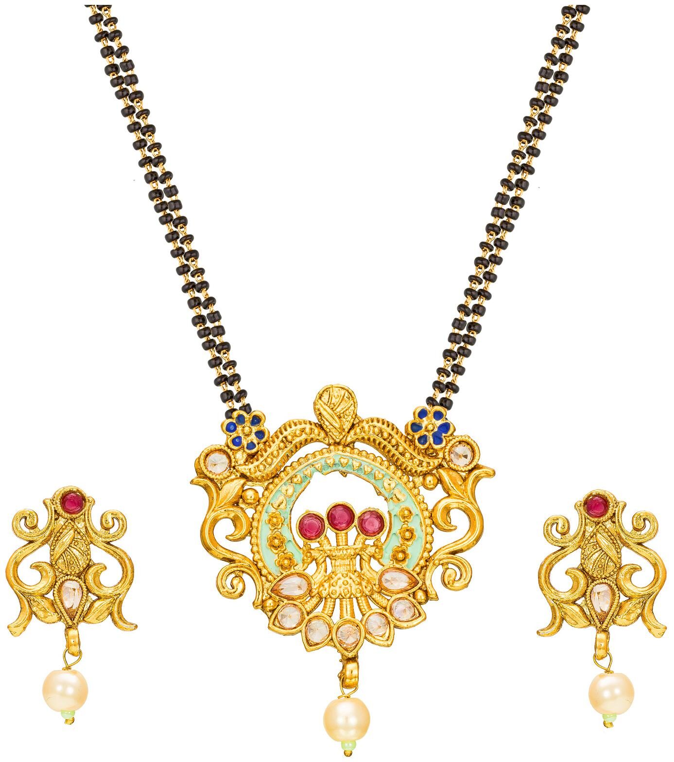 

Vermont Gold Plated American Diamond Pearl Trendy Meenakari Design Women s Pride Latest Mangalsutra With Earrings for Women