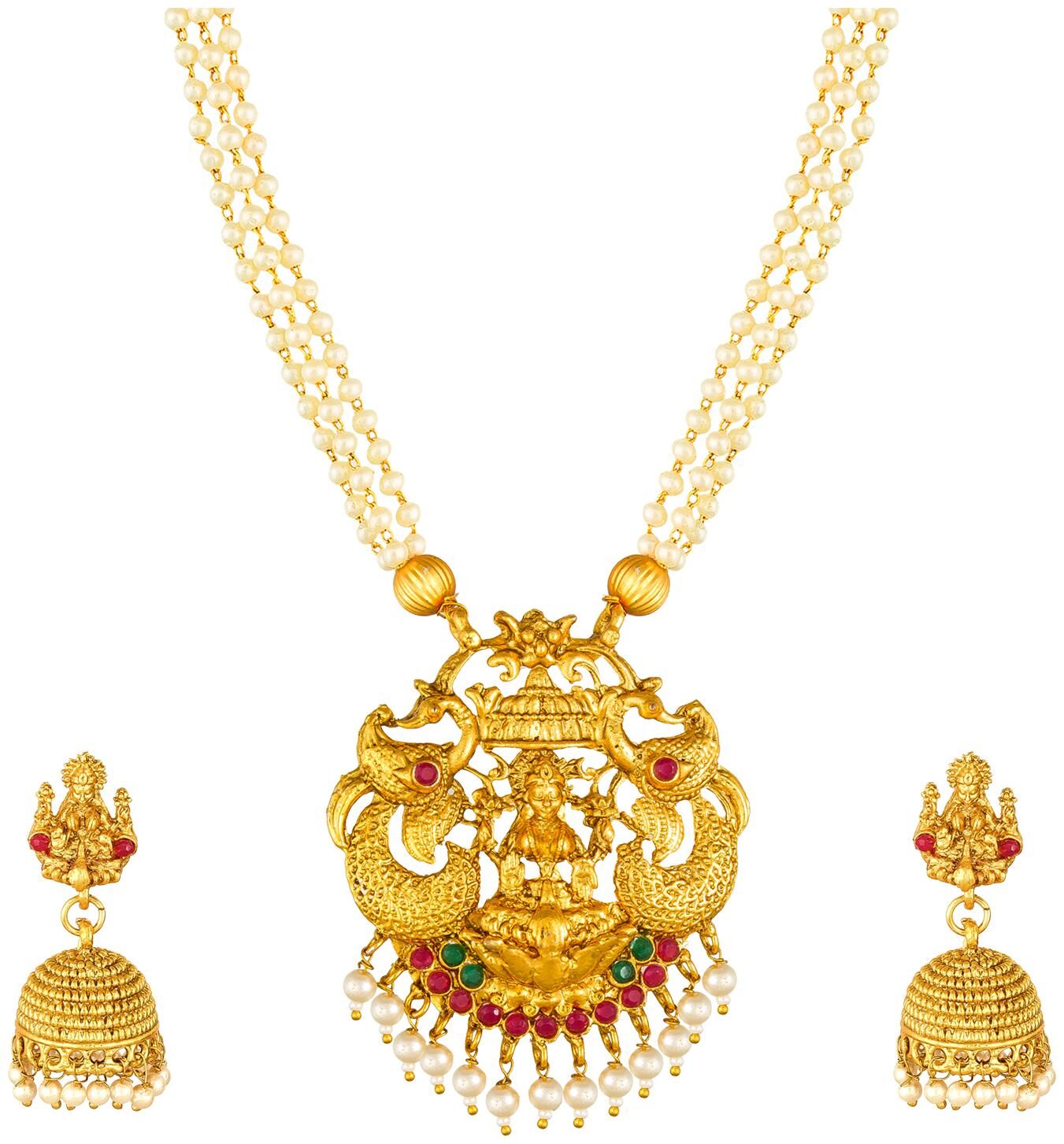 

Vermont Gold Plated And American Diamond Pearl Ethnic Temple Jewellery Set For Women Girls (Gold)