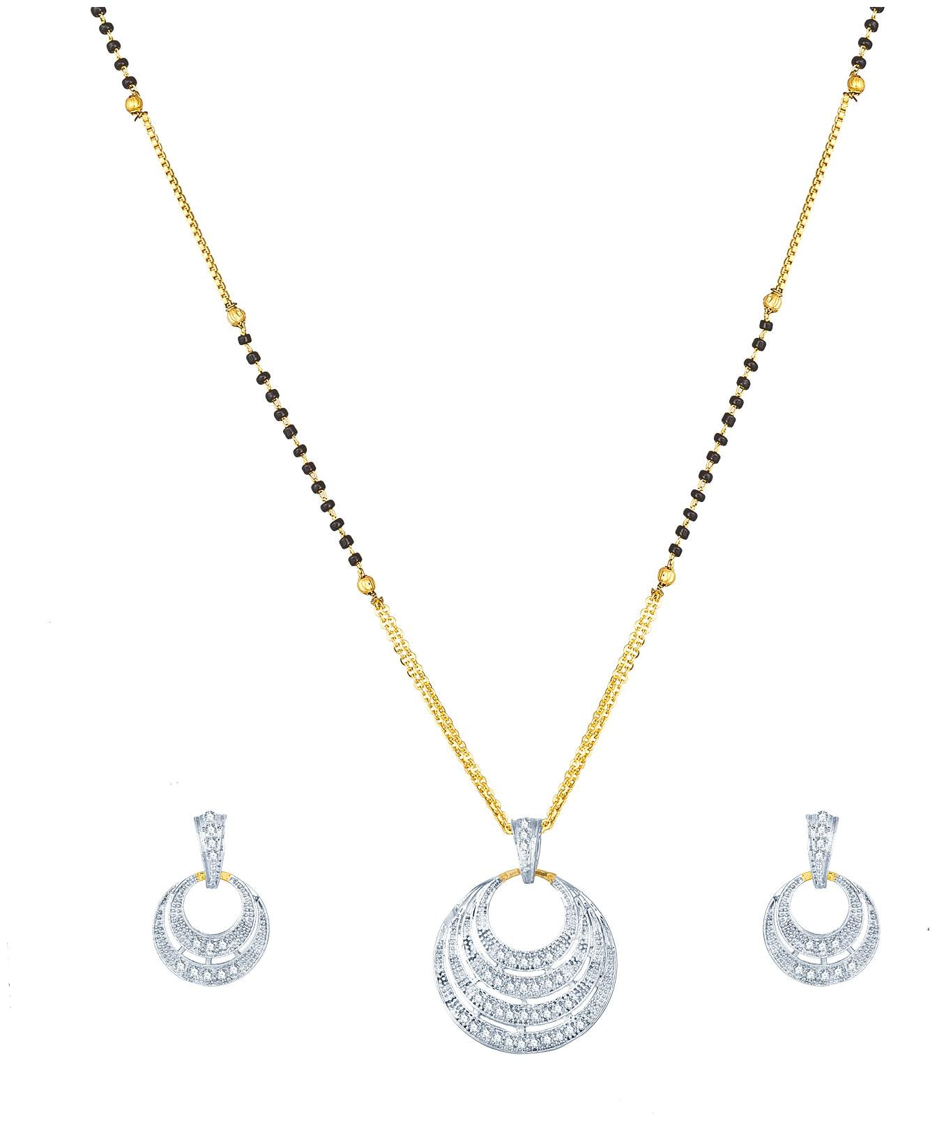 

Vermont Latest Design Traditional Black Bead Gold Plated American Diamond Mangalsutra for Women with Earrings