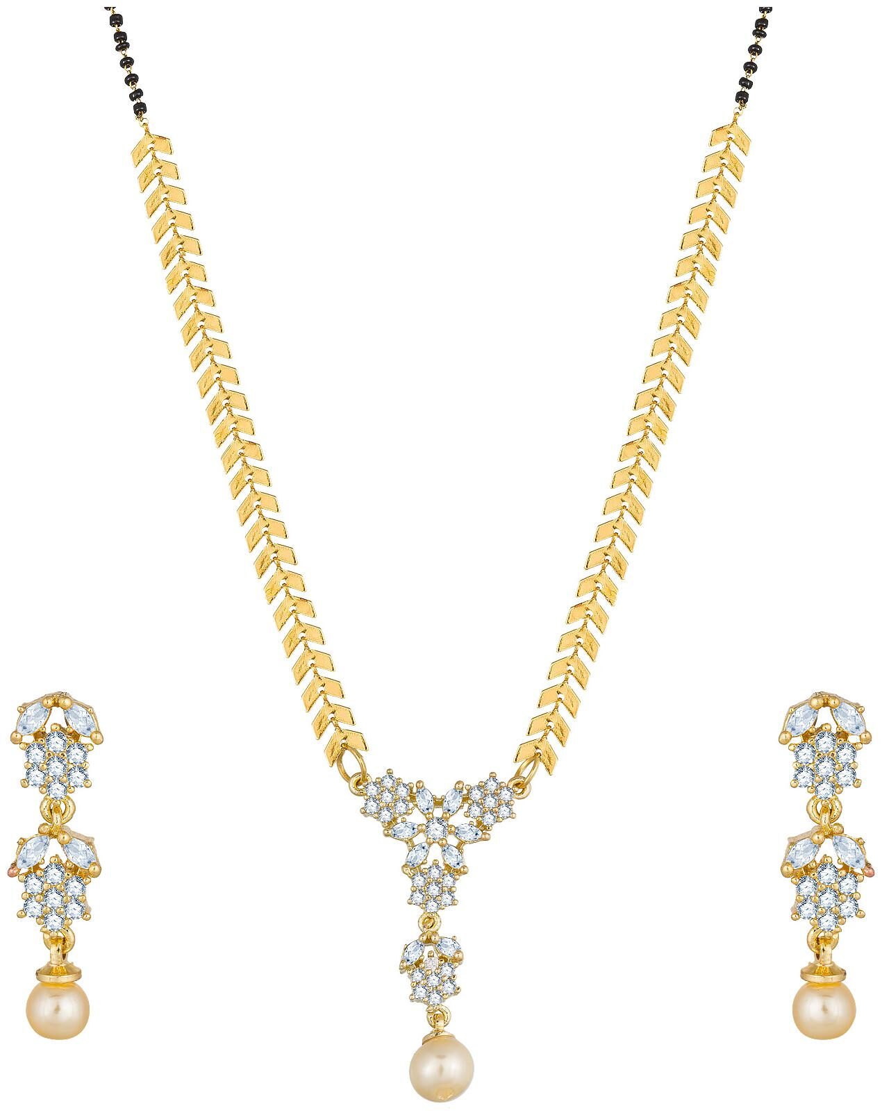 

Vermont Latest Design Traditional Black Bead Gold Plated American Diamond Mangalsutra for Women with Earrings