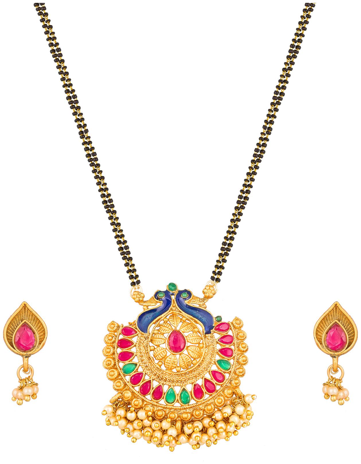 

Vermont Latest Design Traditional Black Bead Gold Plated American Diamond Mangalsutra with Earrings for Women