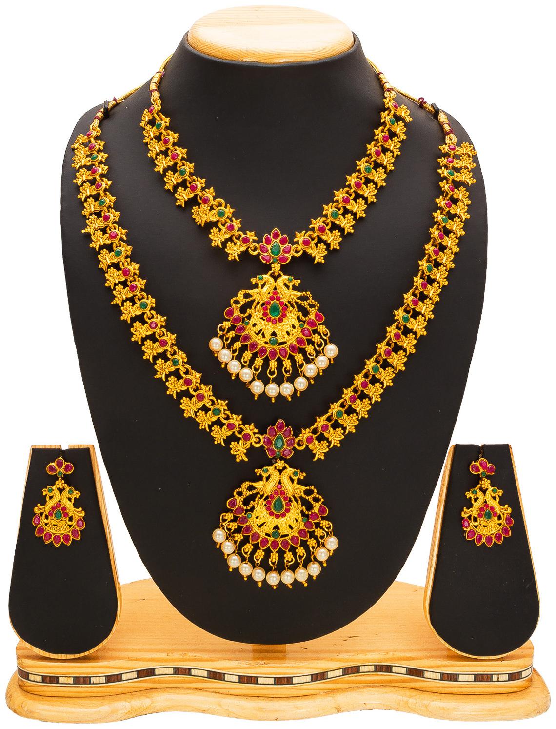 

Vermont Latest Trendy Designer American Diamond Pearl Gold Plated Heavy Work Temple Jewellery Set For Women Girls