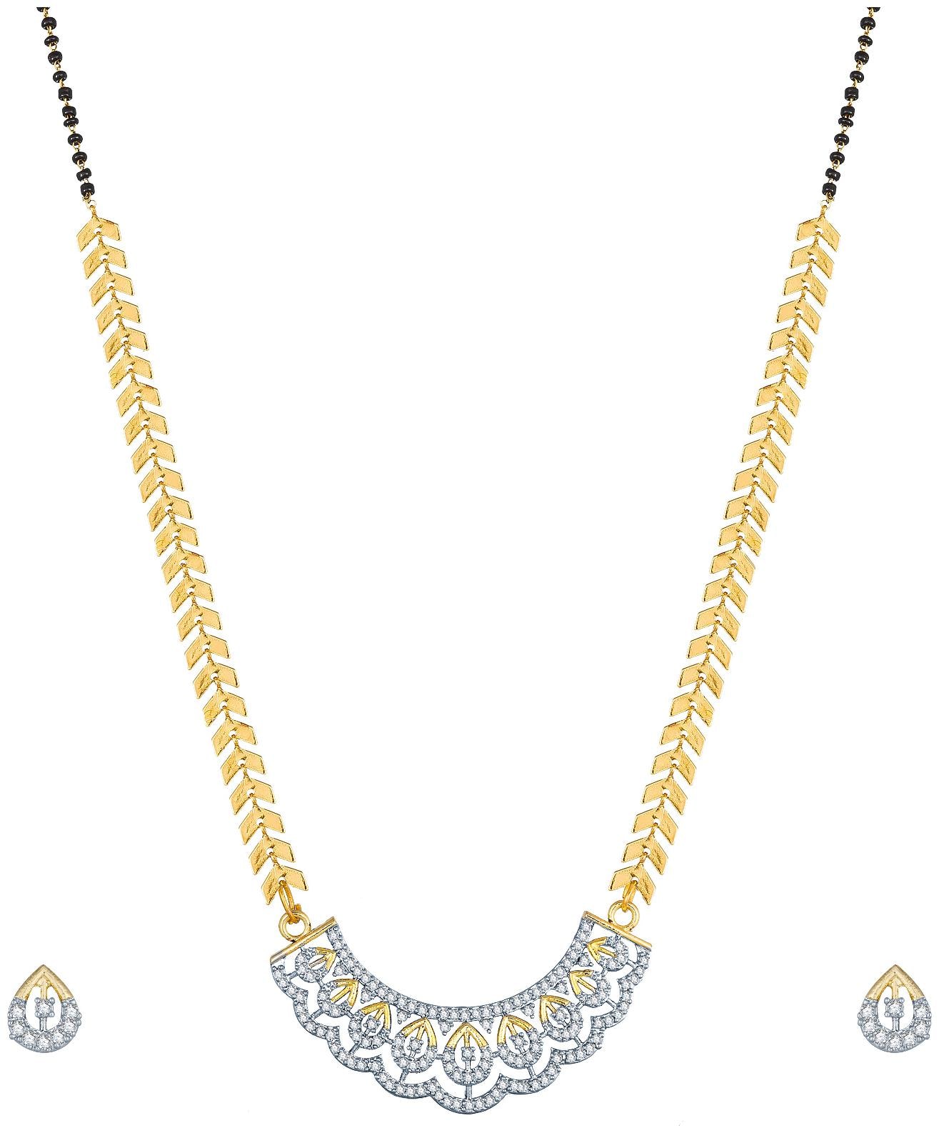 

Vermont Latest Design Traditional Black Bead Gold Plated American Diamond Mangalsutra for Women with Earrings