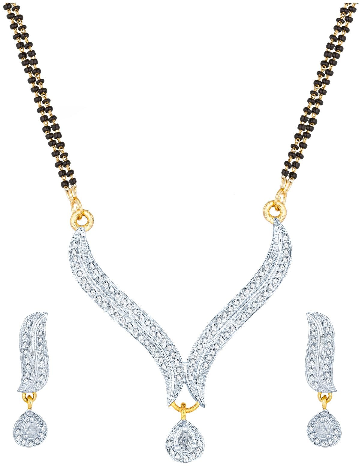 

Vermont Latest Design Traditional Black Bead Gold Plated American Diamond Mangalsutra for Women with Earrings