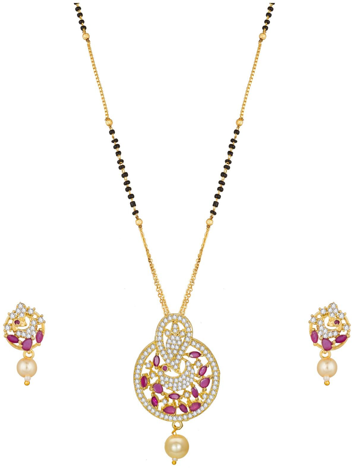 

Vermont Latest Design Traditional Gold Plated American Diamond Bridal Mangalsutra With Earrings for Women