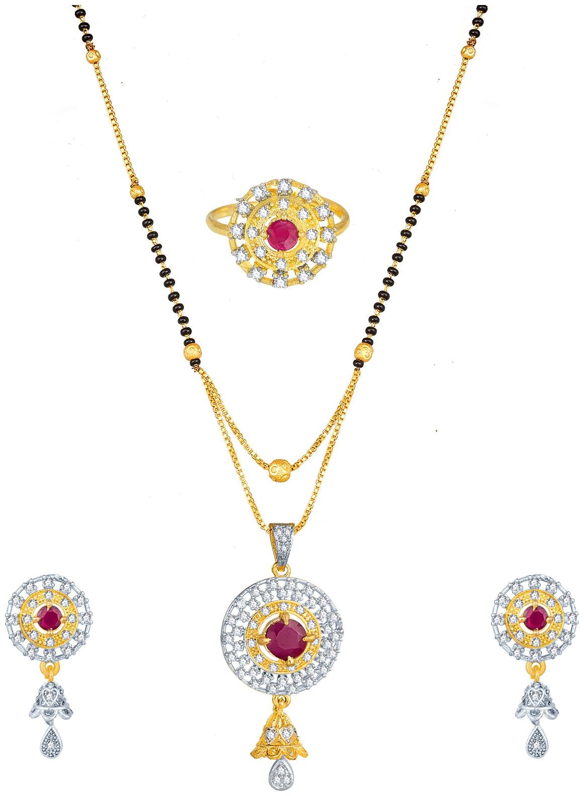 

Vermont Latest Design Traditional Gold Plated American Diamond Bridal Mangalsutra With Ring Earrings for Women