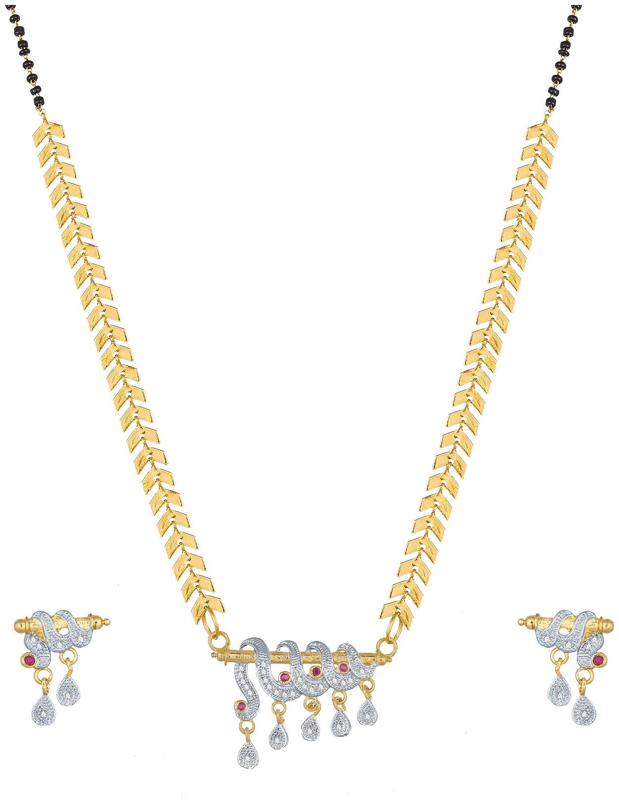 

Vermont Latest Design Traditional Black Bead Gold Plated American Diamond Mangalsutra for Women with Earrings