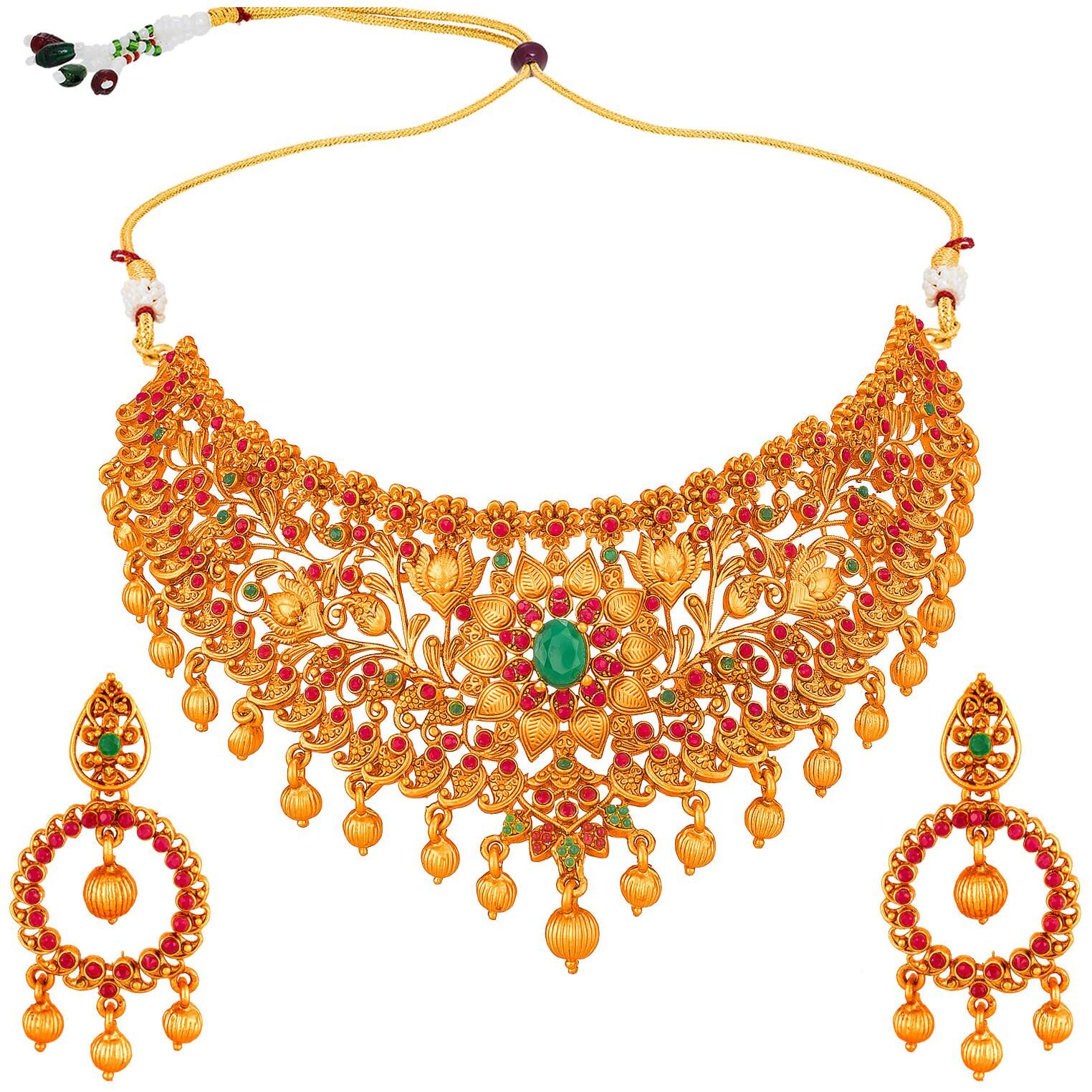 

Vermont Latest Trendy Ethnic Design Gold Plated Chocker Necklace Set For Women Girls