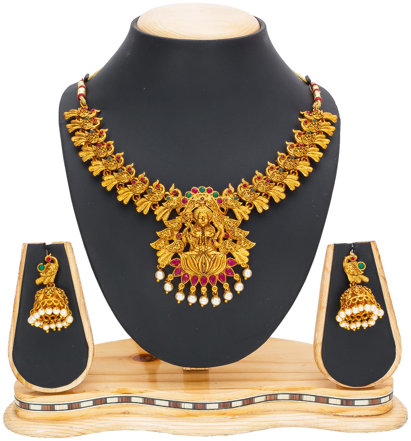 

Vermont Latest Trendy Designer Pearl American Diamond Gold Plated Party Wear Chocker Temple Jewellery Set For Women Girls
