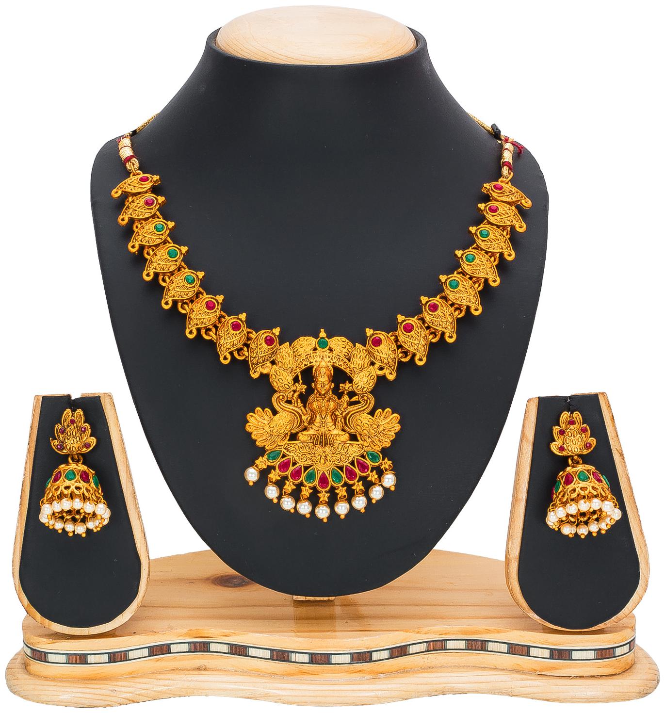 

Vermont Latest Trendy Designer Pearl American Diamond Gold Plated Ethnic Chocker Temple Jewellery Set For Women Girls